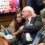 Recipient Del Brinkman received a congratulatory hug from his granddaughter, an IU freshman.