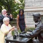 Tom French, Marge Blewett, Nikki Kahn with Ernie Pyle's statue outside of Franklin Hall