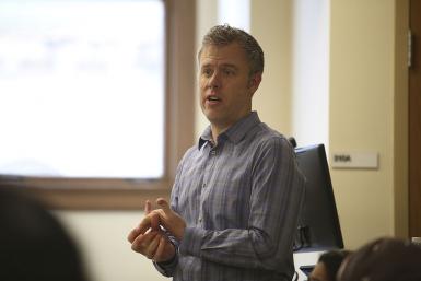 Director of Graduate Studies Andrew Weaver told prospective applicants about his own interviewing experience. (Emma Knutson | The Media School)