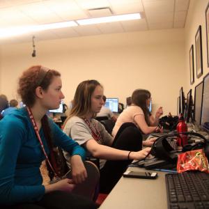 Two students work together in the multimedia lab