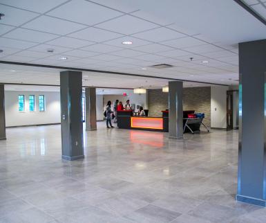 Ernie Pyle Hall’s bright, open, renovated first-floor lobby.