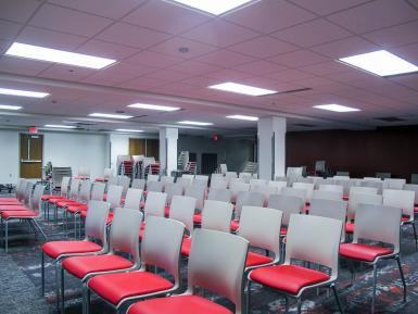 Rows of chairs in the 175-person capacity presentation area