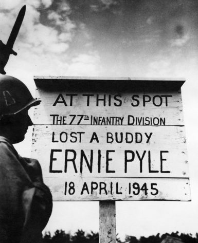 Soldiers erected a sign to mark Pyle's death April 18, 1945. (National Archives)