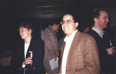 Johnston and Lanosga chat at a party in 1997