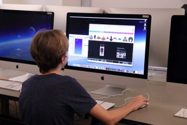 Seeger Kubat of Tri-North Middle School in Bloomington tries out images for a 2D game.