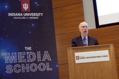 Dan Balz, senior correspondent for The Washington Post, addresses an audience at the Global and International Studies Building as part of the Media School Speaker Series. (Sara Sigman | The Media School)