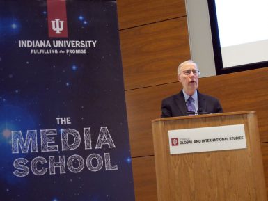 Dan Balz, senior correspondent for The Washington Post, addresses an audience at the Global and International Studies Building as part of the Media School Speaker Series. (Sara Sigman | The Media School)