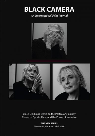 The cover of Black Camera showing three images of Claire Denis.