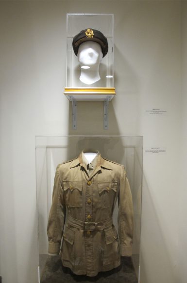 Journalist Ernie Pyle’s World War II cap and jacket are part of a new display in Franklin Hall.