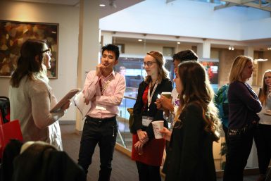 Carrie Schedler, BAJ'11, associate editor, Chicago magazine, talks to students at the Media Career Day Women in Media Networking Hour.