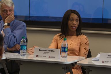 Deanna Allbrittin, BAJ'13, reporter for FOX59/CBS4, speaks on a journalism panel at Friday’s Media Career Day.