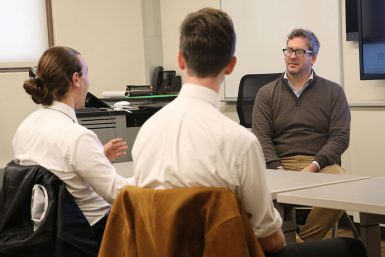 Clément Delpirou, CEO of SFR Presse, interacts with students at an information session about Altice’s internship program on Sept. 27.