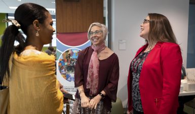 Professors Hilary E. Kahn (center) and Rosemary Pennington (right) with a guest at their April 24 lecture.