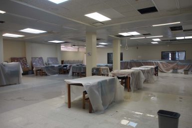 The library at the University of Puerto Rico Humacao with tarps covering tables to protect from water damage