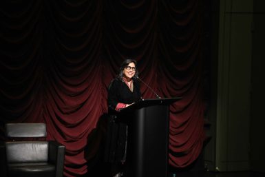 Director Mira Nair addresses the audience during her lecture at the Indiana University Cinema on April 12.