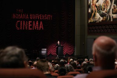 Director Mira Nair addresses the audience during her lecture at the Indiana University Cinema on April 12.