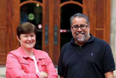 Lanosga and Johnston pose in front of Franklin Hall.