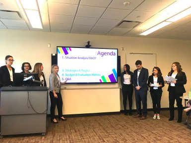 Students in lecturer Dave Groobert’s fall 2017 MSCH-R429 Public Relations Campaign class present their campaign for the Indiana chapter of the Lupus Foundation of America. The class creates a campaign for a different nonprofit client every semester.