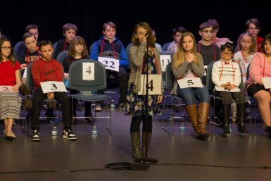 Anya DeFord, a fifth grader at Spencer Elementary School, spells a word at the IU Bee.