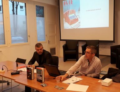 Assistant professor Julien Mailland presents his book, Minitel: Welcome to the Internet, at the Institute of Communication Sciences at the University of Paris Sorbonne