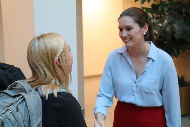 Media School senior Mary Kate Hamilton (left) talks with WISH-TV sports anchor Meghan McKeown after the panel.