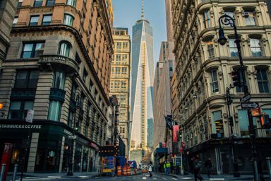 View of NYC street and One World Trade Center