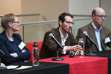 Kirsten Bönker of Bielefeld University, Gene Allen of Ryerson University, and attorney Jonathan Silberstein-Loeb speak during the Scholars Roundtable.