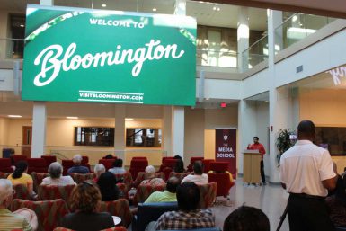 A participant in the Punjabi film project describes his group's film at a screening in the Franklin Hall commons (Courtesy photo)