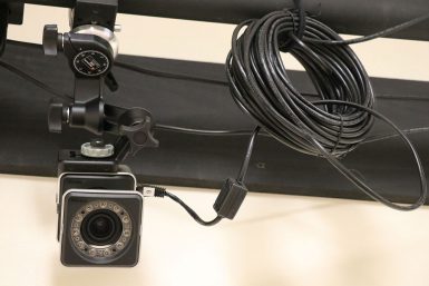 A grid of motion capture cameras hang in Studio 9