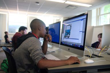 Isaac Williamson creates his own game in the Franklin Hall multimedia lab.