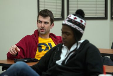 Telecommunications senior David Murhling, left, and sophomore journalism major Stuart Summerville listened to an outline of their advertising campaigns during the meeting. The group meets at 7 p.m. every Thursday in Ernie Pyle Hall (Grayson Harbour, senior | The Media School)
