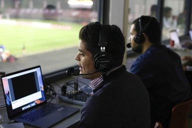 Media School senior Juan Alvarado broadcasts Spanish-language play-by-play for the IU men's soccer game v. Kentucky.