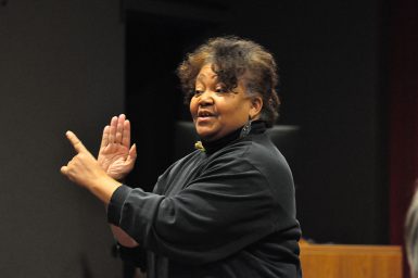 Renee Baker discusses scoring silent films at the Well’s Library’s Black Film Center/Archive after a screening. (Michael Williams | The Media School)