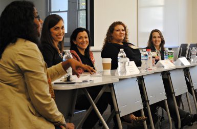 From left, moderator and professor Radhika Paramewaran and alumnae IIyssa Fradin, Julie DiCaro and Marsha Lovejoy discussed how gender affects working in media careers. (Kristen Braselton | The Media School)