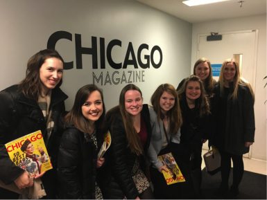 From left, Liz Meuser, Lauren Saxe, Kate McNeal, Hannah Boufford, Kara Williams, Emerson Wolff and Regan Brown visited <i>Chicago Magazine</i> and spoke with IU alumna Carrie Schedler. (Audrie Osterman | The Media School)