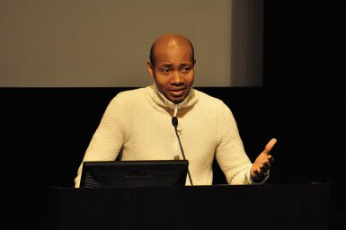 Paul Miller, aka DJ Spooky, talked about his remix, <i>Rebirth of a Nation,</i> last week as an IU Cinema Jorgensen guest lecturer. (Michael Williams | The Media School)