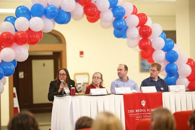 From left, associate professor Julia Fox, professor Marjorie Hershey (political science), assistant professor Jason Peifer and doctoral student Edo Steinberg served on the panel that examined media coverage. (Emma Knutson | The Media School)