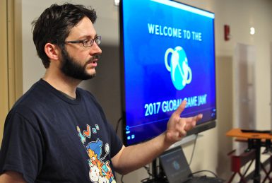 Game design lecturer Will Emigh welcomed participants to the 2017 Global Game Jam, hosted by the Media School in Franklin Hall. (Michael Williams | The Media School)