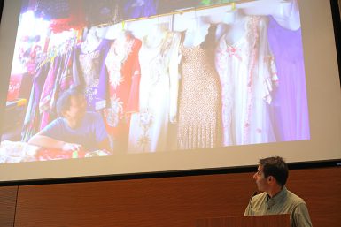 Hessler showed photos of the Chinese lingerie shops he wrote about. “When I do my research, I like to schedule some flexibility so that I can just see what turns up. I have often found that the most interesting things appear in this way,” he said. (Emma Knutson | The Media School)