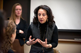 Hinojosa talked with students during a brief reception at the Radio-TV building before her talk Tuesday. (Photo by Mark Felix)