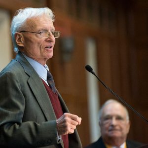 Professor emeritus Cleve Wilhoit addressed the Indiana Journalism Hall of Fame.