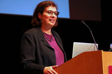 Pulitzer Prize-winning journalist Sonia Nazario spoke at the Buskirk-Chumley Theater Wednesday evening as a guest of the school's Speaker Series. (Grayson Harbour | The Media School)