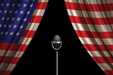 A microphone between an American flag parted like a curtain decorates the cover of the book.
