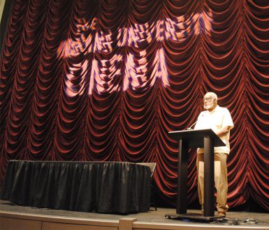 Prexy Nesbitt of Columbia College, a participant in the seminar, addressed the audience at IU Cinema. (Kristen Braselton | The Media School)
