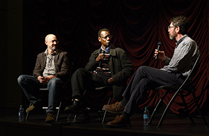 From left, directors Jason Silverman and Samba Gadjigo and host Brian Graney talk during a Q&A session about their documentary, Sembène.