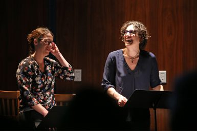From left, Julie Snyder and Sarah Koenig, creators of the <i>Serial</i> podcast, talked about their work while on campus March 31. (Emma Knutson | The Media School)