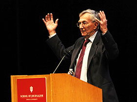 Pulitzer Prize-winning journalist Seymour Hersh speaking at a podium