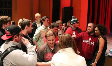 Steele, far right, spent an hour after her talk chatting with fans and posing for numerous photos and selfies. “I wouldn’t be here without this school, without the people who took the chance,” she said of IU and Bloomington. (Grayson Harbour | The Media School)