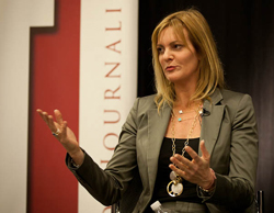  Washington Post publisher Katharine Weymouth talked to a crowd in Ernie Pyle Hall Tuesday about the news organization's challenges and strategies. Her talk was part of the school's Speaker Series. (Photo by Nicholas Demille)