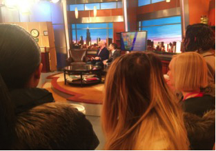 During their visit at WGN-TV, students toured with IU alumnus and WGN morning show anchor Dan Ponce. Students learned about the different people and positions in the newsroom. (Audrie Osterman | The Media School)